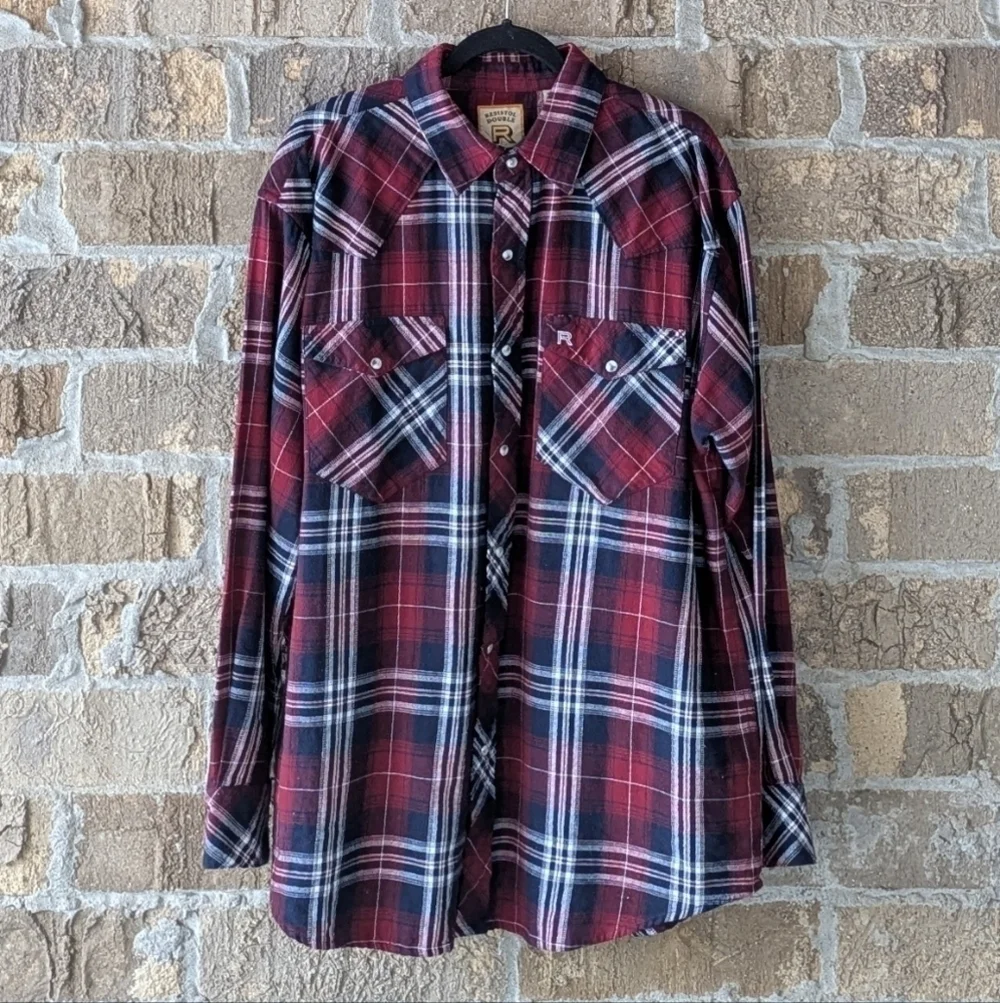 Resistor Double R Western Pearl Snap Long Sleeve Flannel Plaid Shirt Large
